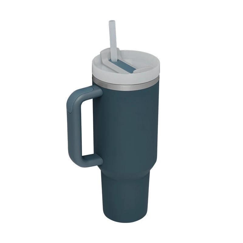 Mandotos 40 oz insulated stainless steel tumbler with handle, straw, spill-proof lid, ideal for travel, gym, or office use.