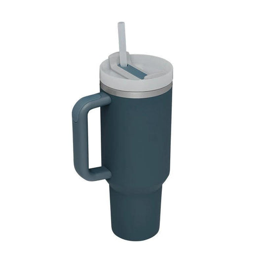 Mandotos 40 oz insulated stainless steel tumbler with handle, straw, spill-proof lid, ideal for travel, gym, or office use.