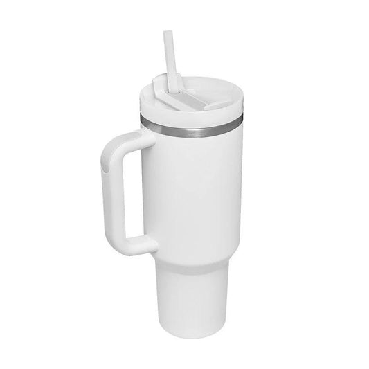 Mandotos 40 oz stainless steel insulated tumbler with handle, straw, spill-proof lid, ideal for coffee, travel, gym, or office.