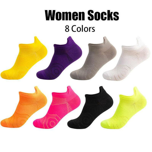 Eight pairs of MANDOTOS women's running socks with cushioning, breathable fabric, and anti-odor features for outdoor sports and hiking.