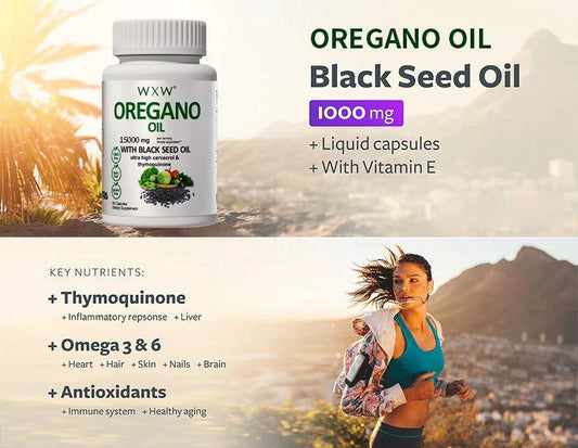 Mandotos black seed oil capsules in a bottle, showcasing the dietary supplement for health and wellness.