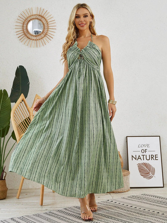 Mandotos bohemian halter maxi dress for women, sleeveless, flowy beach dress with a relaxed summer style.