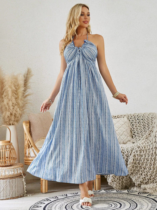 Mandotos bohemian halter maxi dress for women, sleeveless, flowy summer beach dress with vibrant print and relaxed fit.