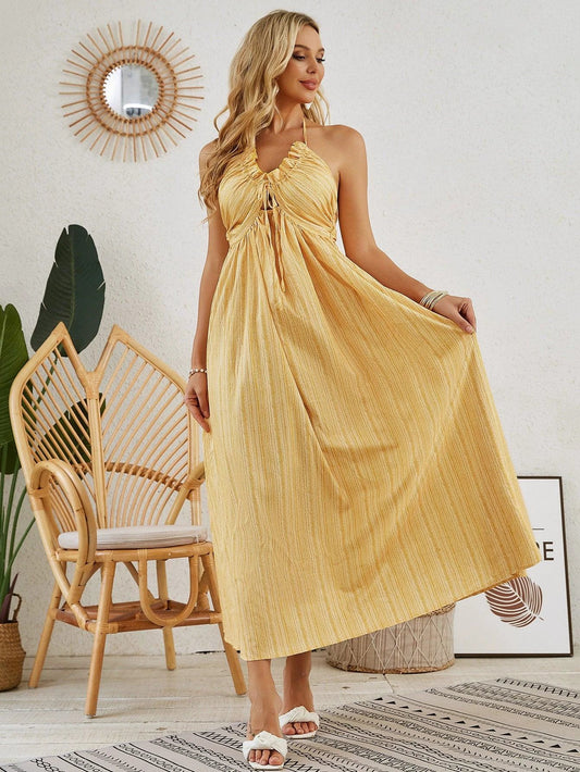 Mandotos bohemian halter maxi dress for women, sleeveless and flowy, perfect for summer beachwear and casual outings.