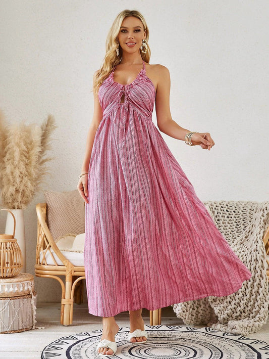 Mandotos bohemian halter maxi dress for women, sleeveless and flowy, perfect for summer beachwear.