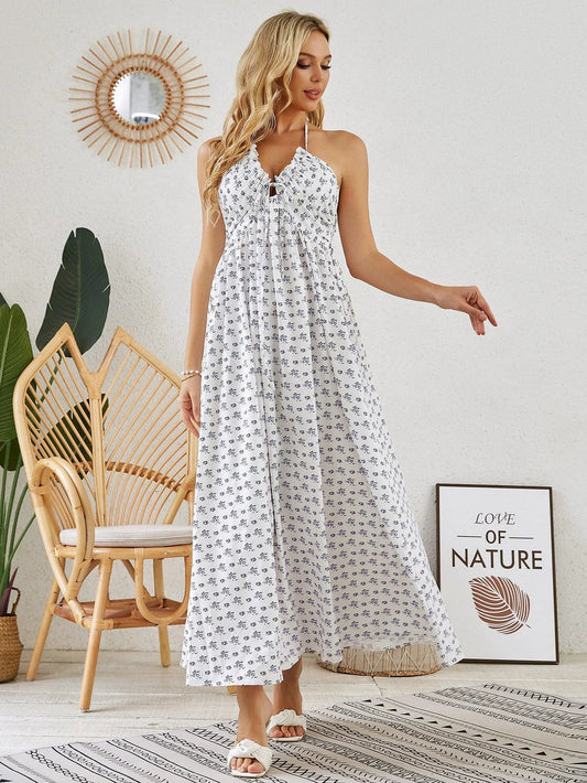Mandotos bohemian halter maxi dress for women, sleeveless and flowy, perfect for summer beach wear, shown on a model