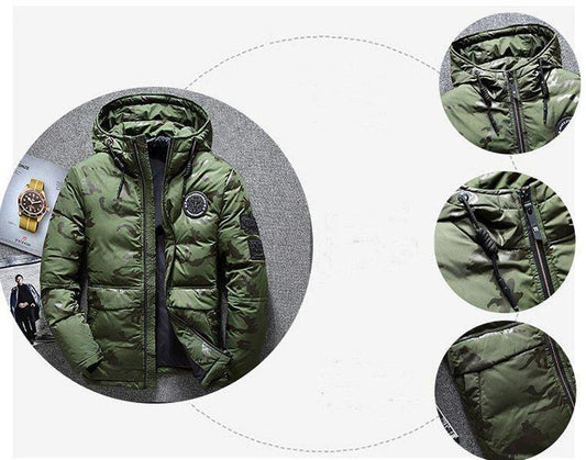 Camouflage men's hooded winter parka by Mandotos, slim fit, windproof and warm, ideal for casual outdoor adventures.