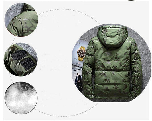 Camouflage men's hooded winter parka by Mandotos, slim fit, windproof and warm for casual outdoor adventures.
