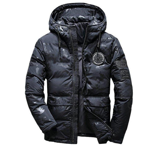 Camouflage men's hooded winter parka by MANDOTOS, slim fit, windproof, warm, ideal for casual outdoor adventures.