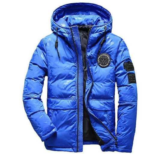 Camouflage men's hooded winter parka by Mandotos, slim fit, windproof and warm, suitable for casual outdoor adventures.