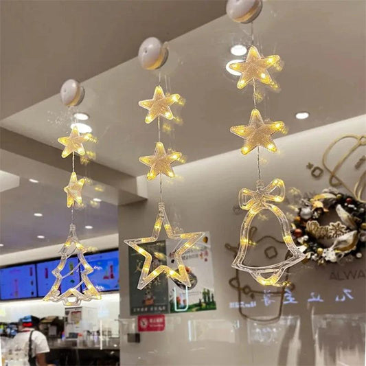 Mandotos Christmas 3-piece LED star hanging lights with suction cups, battery-powered home decor lighting display.