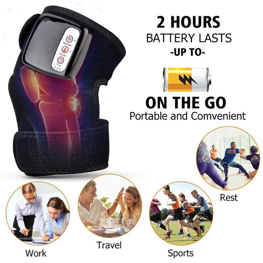 Mandotos electric infrared knee massager with adjustable heat and compression, showing a portable device on a person's knee.