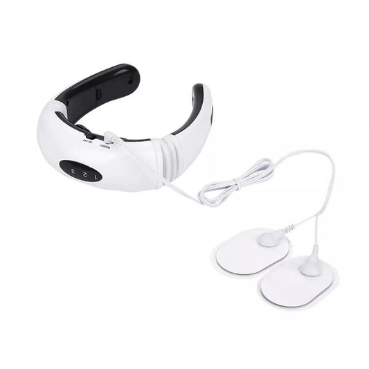 Mandotos electric TENS pulse neck massager with magnetic therapy, showing the device wrapped around a person's neck for relief.