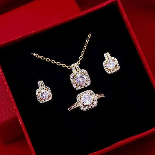 Mandotos fashion jewelry set with zircon gem necklace, matching earrings, and ring on a white background