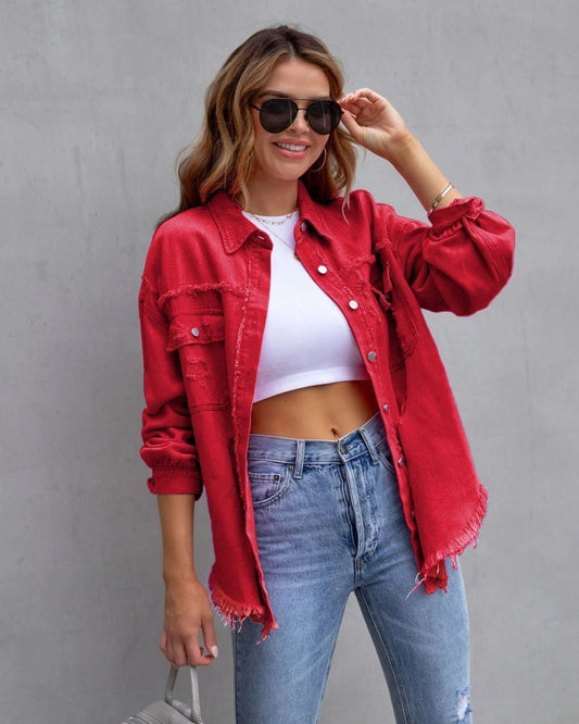 Mandotos women's ripped shirt jacket, casual autumn and spring top, lightweight denim-style outerwear, relaxed fit, stylish everyday wear.