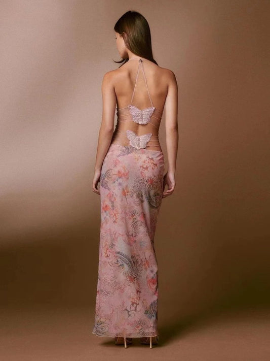 Mandotos floral print halter dress with butterfly back and spaghetti straps, stylish summer dress for women.