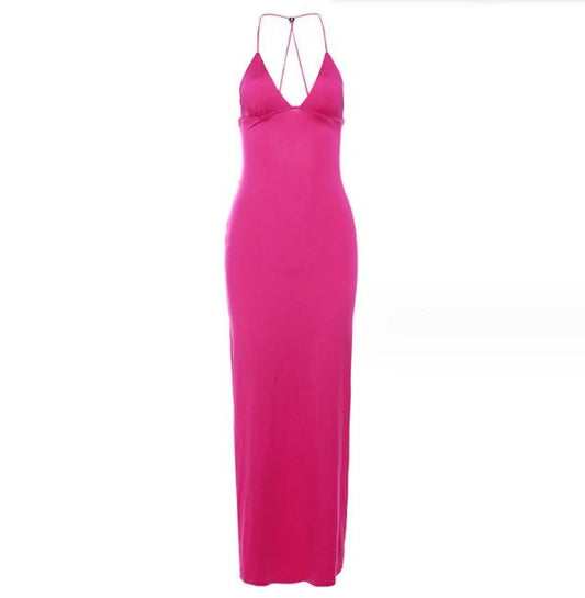 Mandotos floral print halter dress with butterfly back and spaghetti straps, stylish and feminine summer dress.