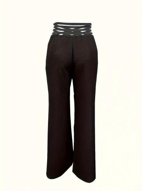 Girls' solid color hollow high waist slimming fashion pants by MANDOTOS, versatile home clothes with a comfortable fit and stylish design.