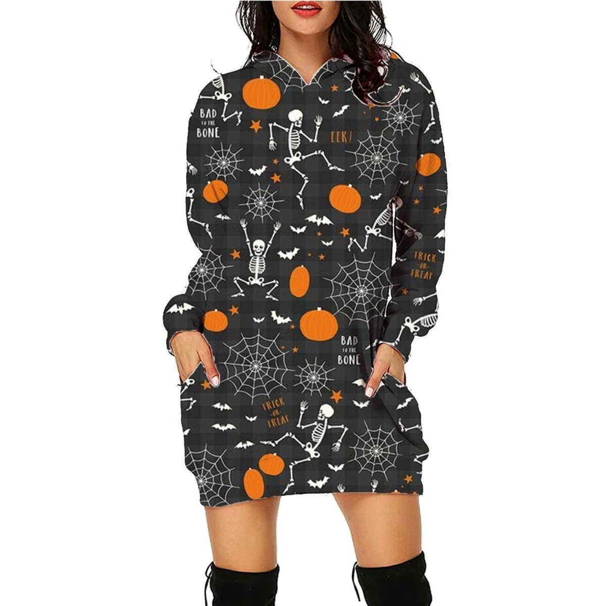 Mandotos Halloween print long hoodie with pockets, long sleeves, cozy sweater for women featuring festive Halloween design.