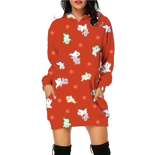 Mandotos Halloween print long hoodie with pockets, long sleeve sweater for women, featuring festive spooky design and comfortable fit.