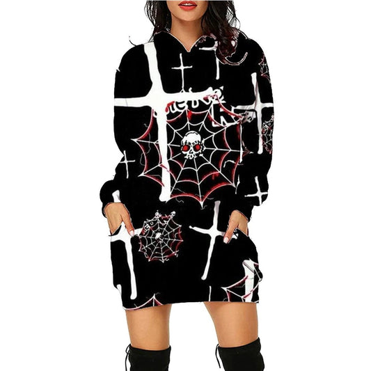 Mandotos Halloween print long hoodie for women with pockets, featuring long sleeves and festive seasonal design.