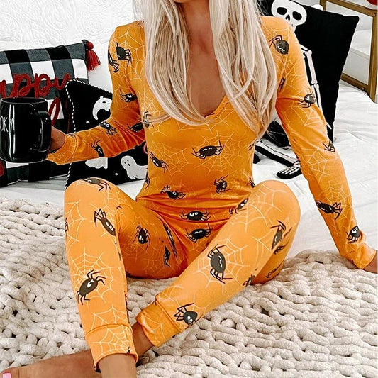 Mandotos Halloween printed long sleeve jumpsuit, cozy home pajamas with festive Halloween design for women.