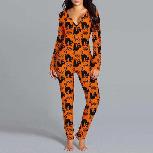 Mandotos Halloween printed long sleeve jumpsuit pajamas with spooky design, comfortable loungewear for festive nights.