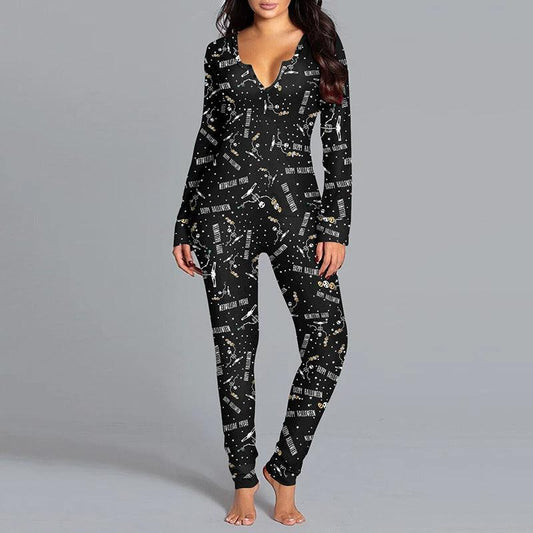 Mandotos Halloween printed long sleeve jumpsuit, cozy home pajamas with festive Halloween design and comfortable fit.