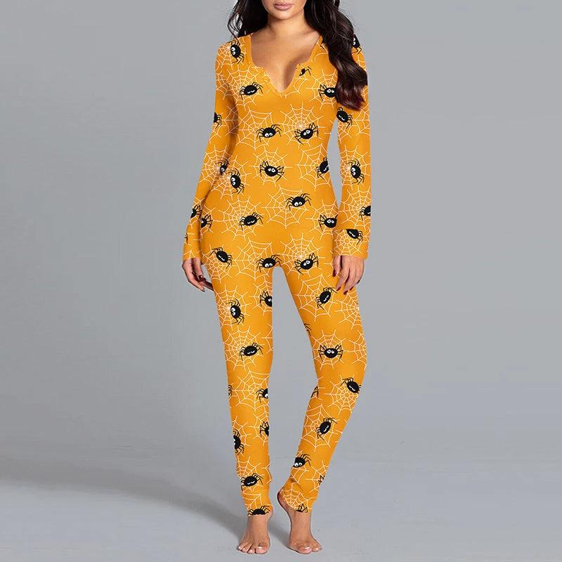 Mandotos Halloween printed long sleeve jumpsuit, cozy home pajamas with festive Halloween design, perfect for staying comfortable.