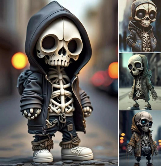 Mandotos Halloween Skeleton Figurine, a cool resin doll used as spooky home decor, featuring detailed skeleton design.