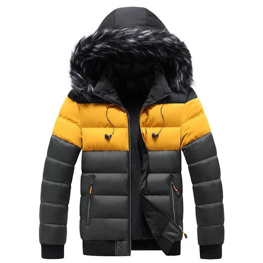 Mandotos heated splicing down jacket with insulated design, black color, and stylish winter warmth.
