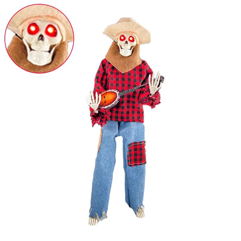 Light-up guitarist skeleton Halloween decoration by MANDOTOS, featuring a spooky skeleton holding a guitar for festive spooky decor.