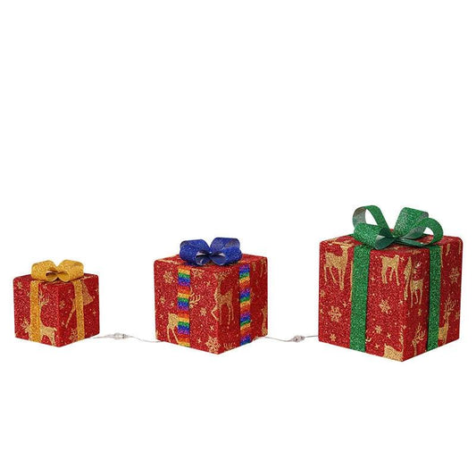Lighted Christmas gift box outdoor decoration by MANDOTOS featuring a luminous box with a bow for festive holiday decor.