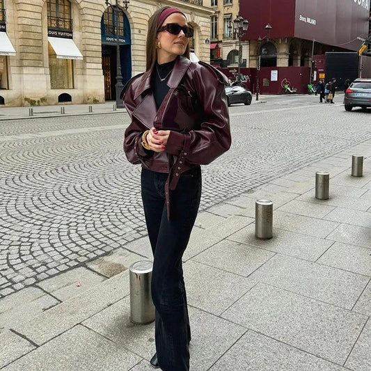 Mandotos women's loose lapel leather jacket with cropped streetwear style, stylish for casual fashion and everyday wear.