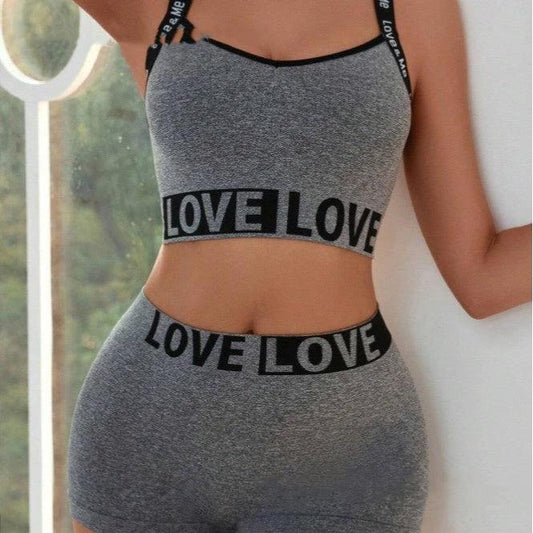 Mandotos women's love letter waist head camisole paired with matching boyshorts, featuring a comfortable, stylish design.