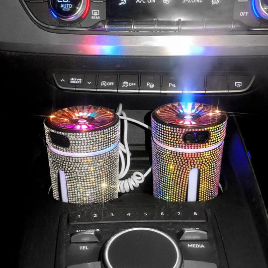 Mandotos luxury diamond-shaped car humidifier with LED lights and aromatherapy diffuser for fresh, relaxing air in vehicle.