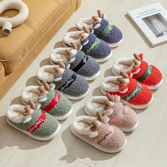 Mandotos Christmas Elk slippers featuring cozy winter design, warm fleece lining, perfect for home comfort during the holiday season.