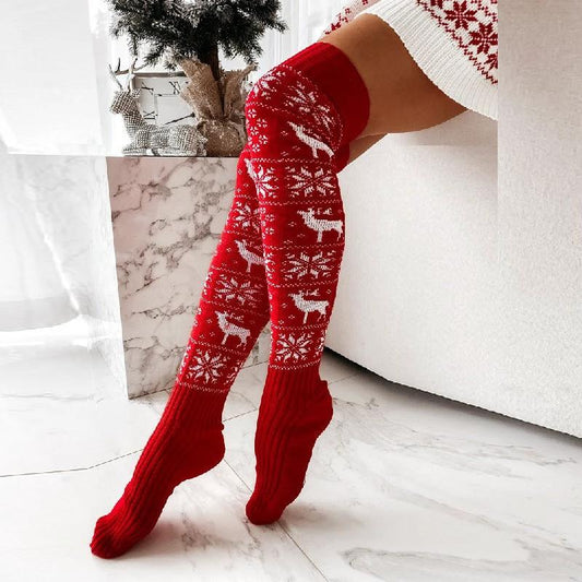 Mandotos Christmas knitted over-the-knee socks with elk and snowflake patterns, cozy winter knee-high stockings for women.