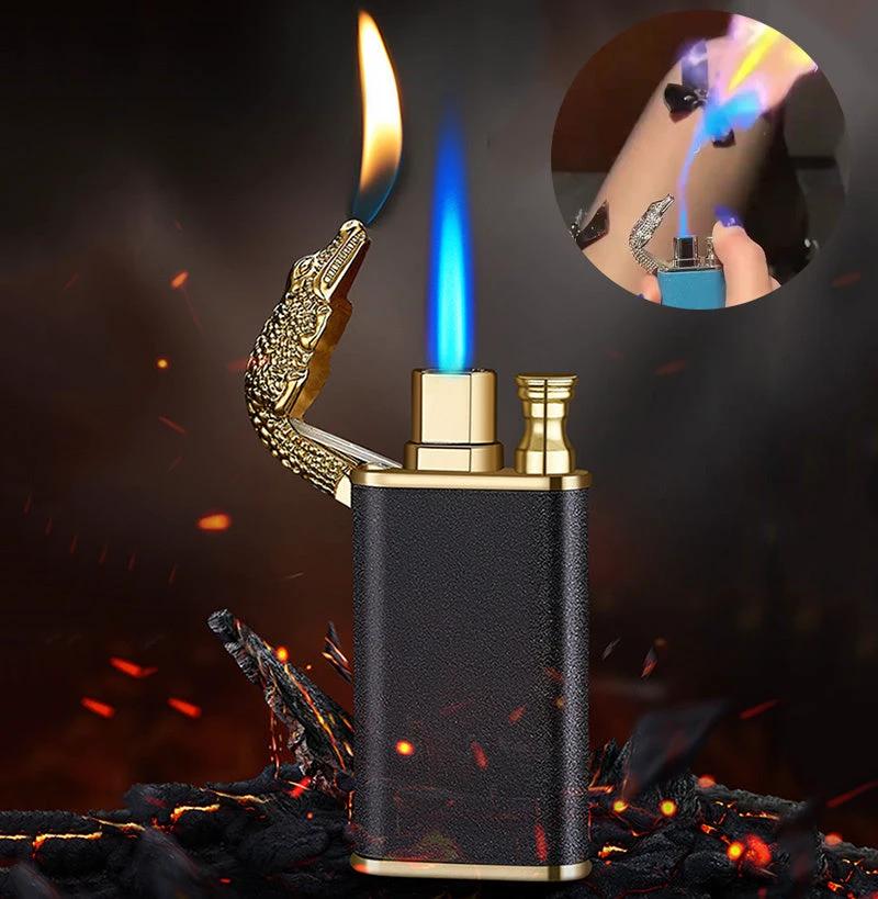 Mandotos blue flame metal lighter with dolphin, dragon, and tiger designs, windproof double flame, refillable and portable.