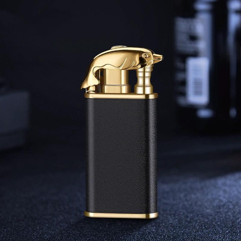 Mandotos blue flame lighter featuring dolphin, dragon, tiger designs, metal windproof double flame, refillable for outdoor use.