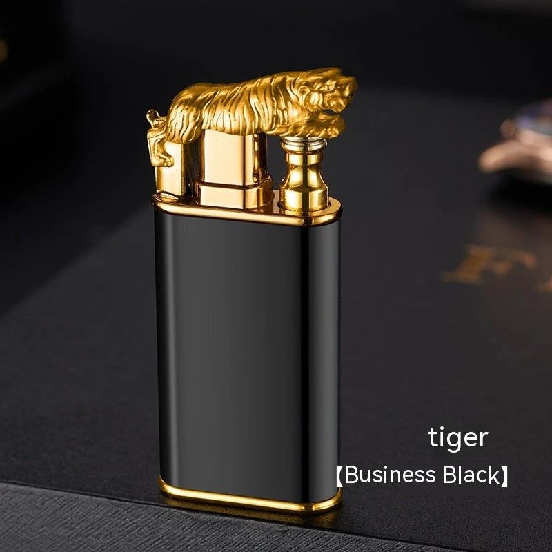 Mandotos Creative Blue Flame Lighter featuring dolphin, dragon, and tiger designs with windproof double flame, metal refillable body.
