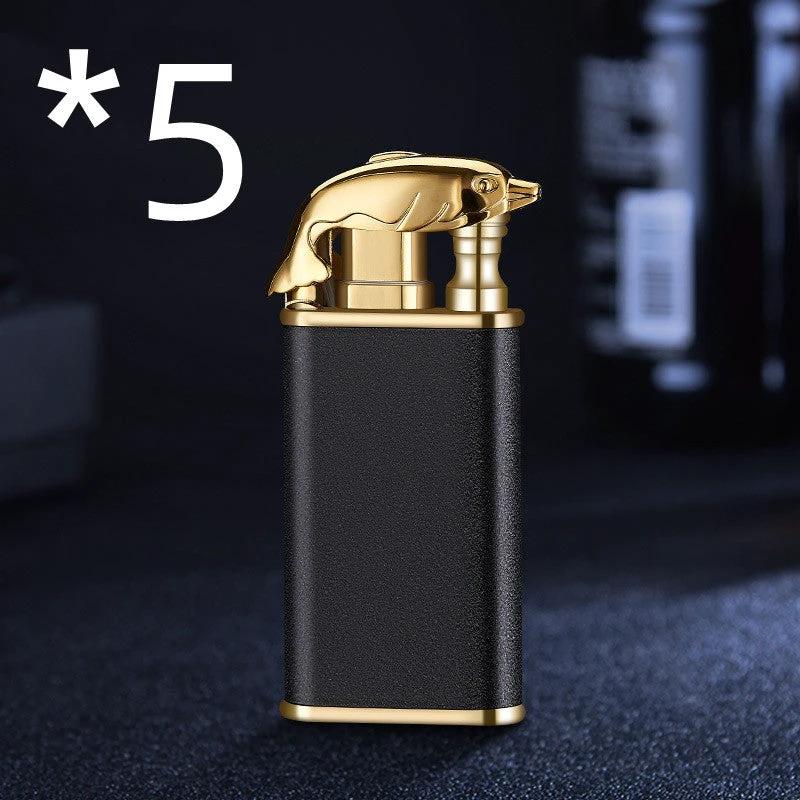 Mandotos Creative Blue Flame Lighter featuring dolphin, dragon, tiger designs, metal windproof double flame, refillable, stylish and durable.