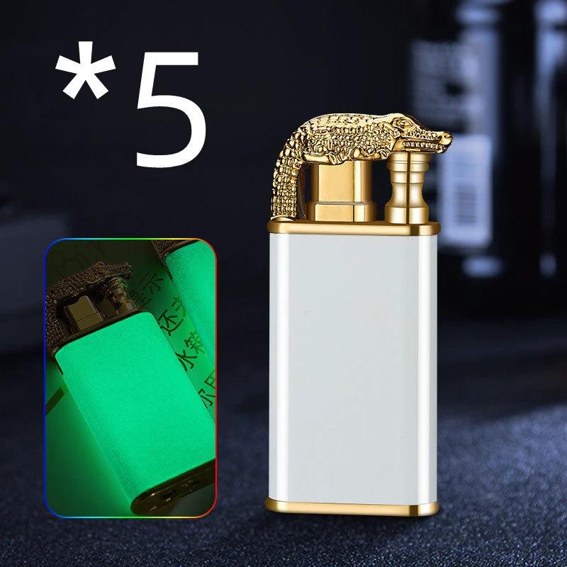 Mandotos Creative Blue Flame Lighter with dolphin, dragon, tiger designs, metal windproof double flame, refillable, default model.