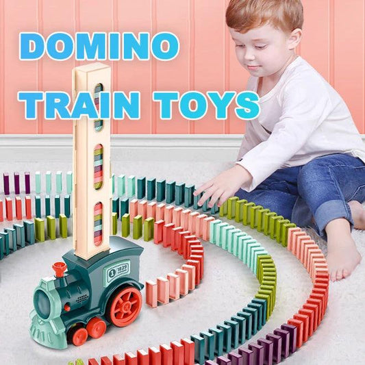 Mandotos domino train toy with electric automatic building blocks, ideal for creative STEM learning and imaginative play.