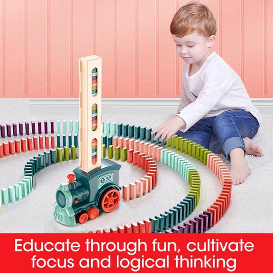 Mandotos electric domino train toy with building blocks for creative STEM learning, featuring colorful train and block set for kids.