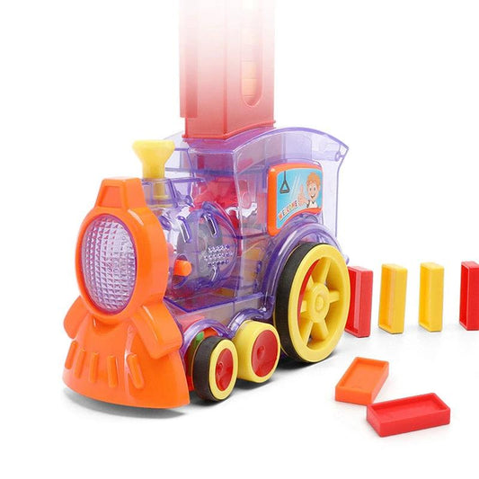 Mandotos Domino Train Toy with electric automatic building blocks for creative STEM learning, featuring colorful blocks and train components.