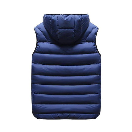 Mandotos blue sleeveless down cotton puffer vest with velvet lining, hooded winter outerwear, warm and stylish for cold weather.