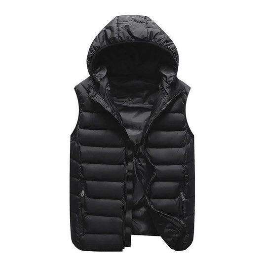 MANDOTOS blue sleeveless puffer vest jacket with down cotton filling, velvet trim, hood, and winter outerwear design.