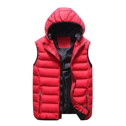 Blue MANDOTOS down cotton sleeveless puffer vest with velvet lining, hooded winter outerwear, designed for warmth and style.