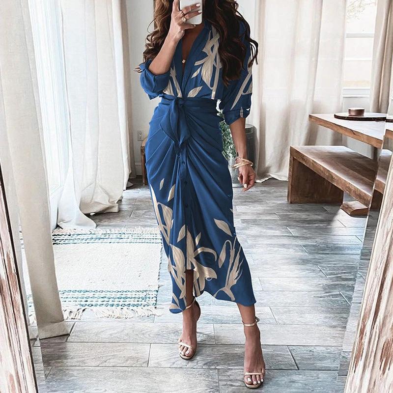 Mandotos long sleeve shirt dress with European and American print, lace-up front, button closure, and casual stylish design.